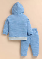Bumzee Blue Embroidered Winter Set, Full Sleeves, 100% Cotton, Hooded (Style Peb11835)
