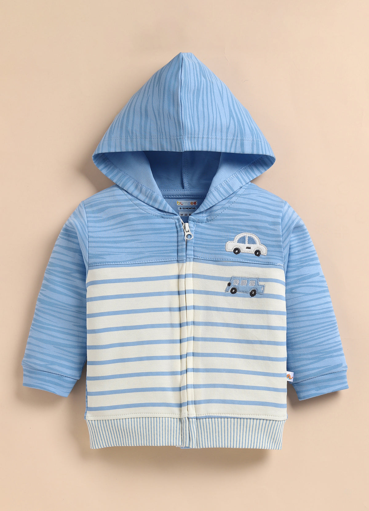 Bumzee Blue Embroidered Winter Set, Full Sleeves, 100% Cotton, Hooded (Style Peb11835)