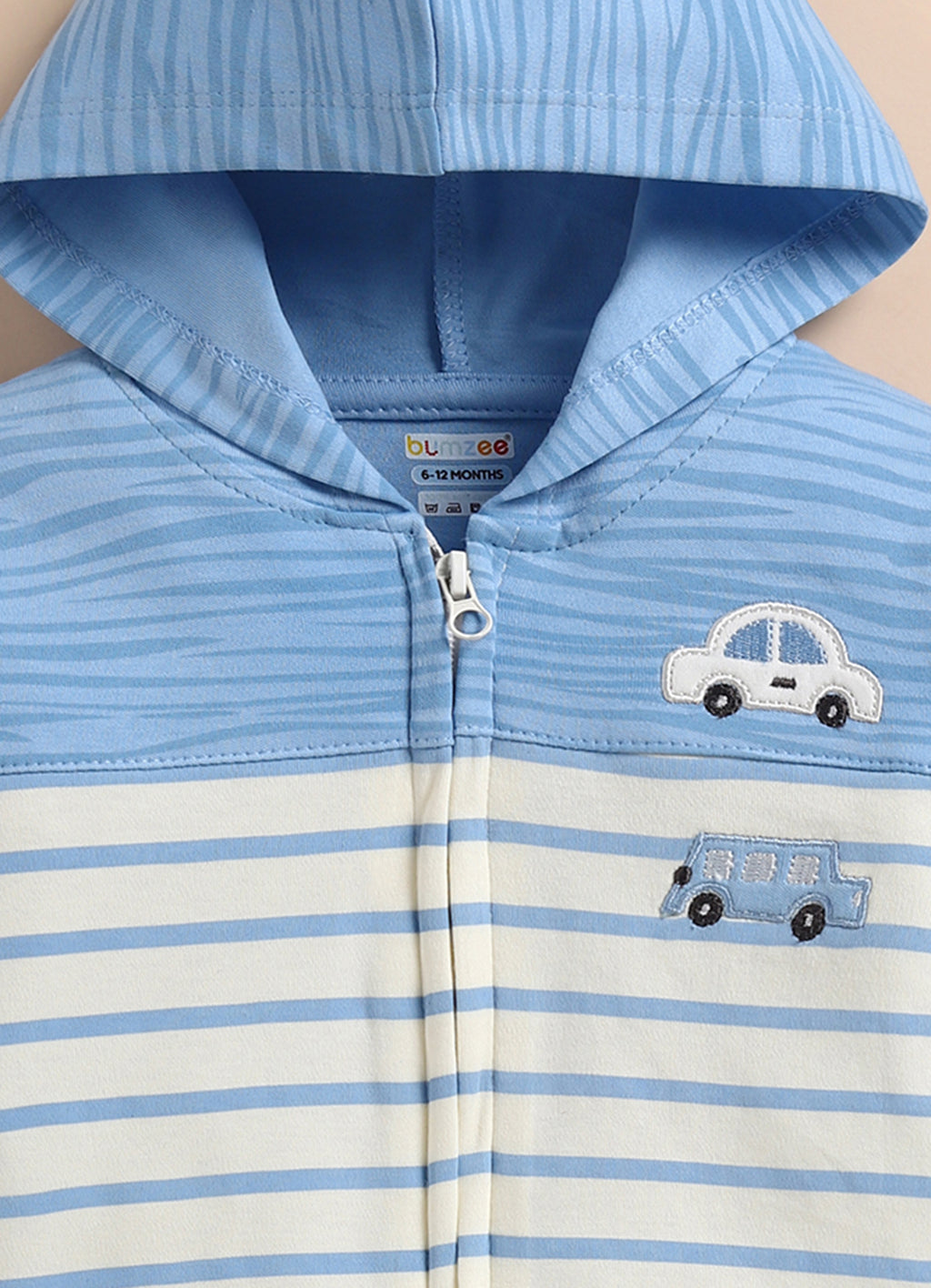 Bumzee Blue Embroidered Winter Set, Full Sleeves, 100% Cotton, Hooded (Style Peb11835)