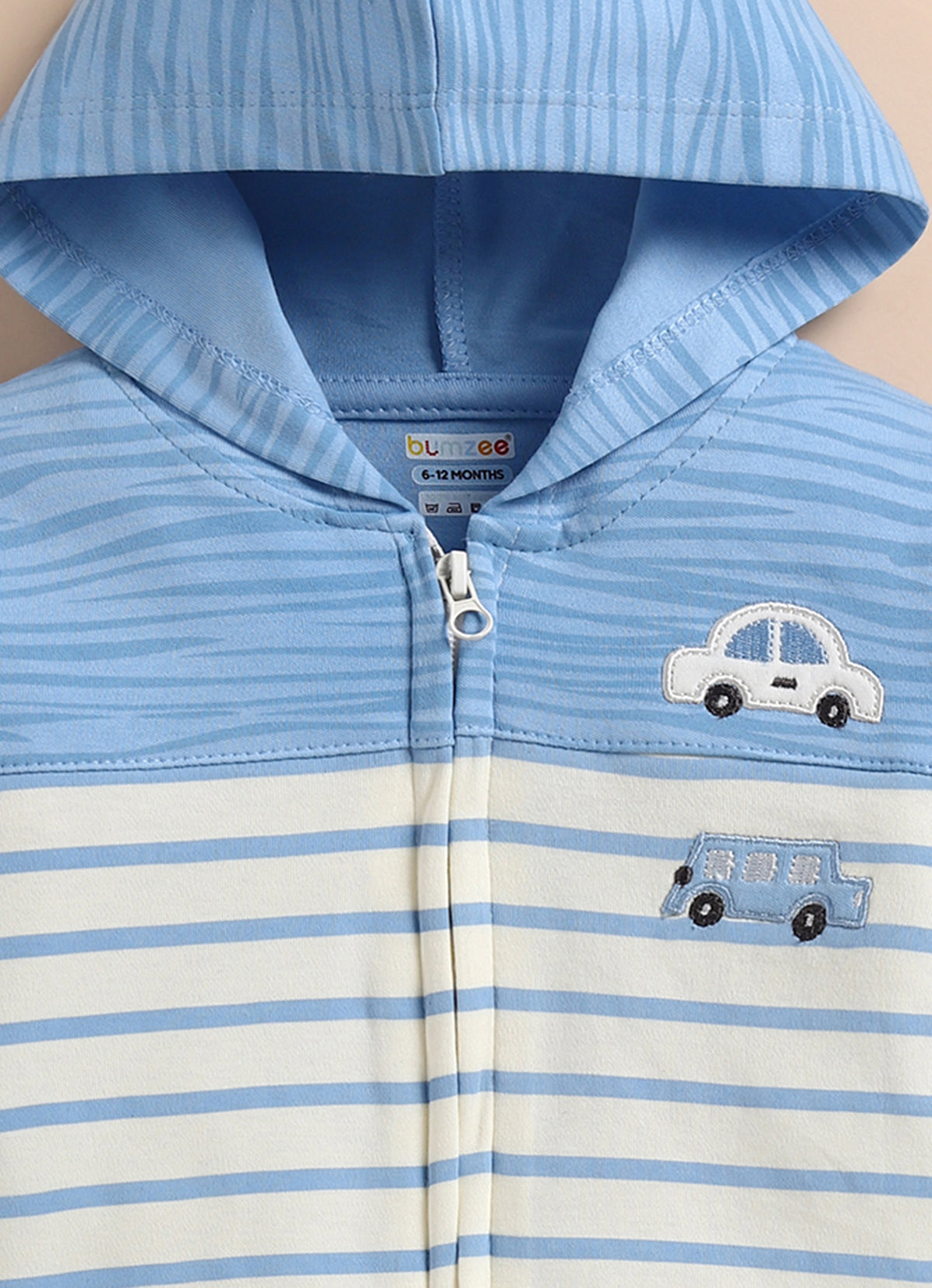 Bumzee Blue Embroidered Winter Set, Full Sleeves, 100% Cotton, Hooded (Style Peb11835)