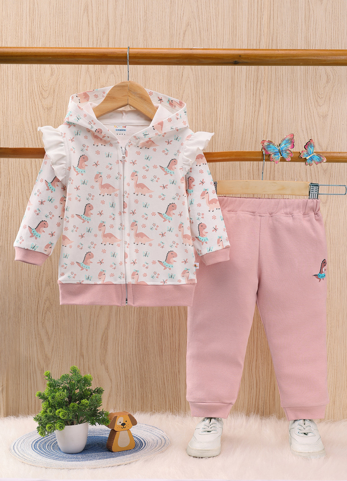 Bumzee White & Peach Animal Print Winter Set, Full Sleeves, 100% Cotton