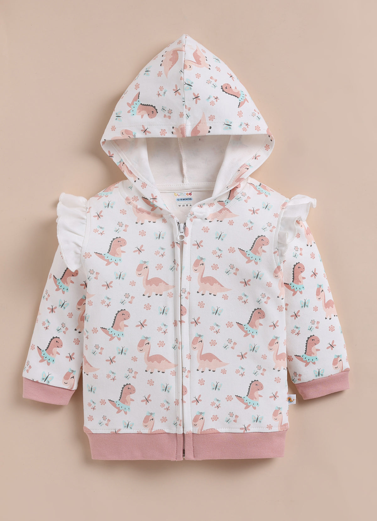 Bumzee White & Peach Animal Print Winter Set, Full Sleeves, 100% Cotton