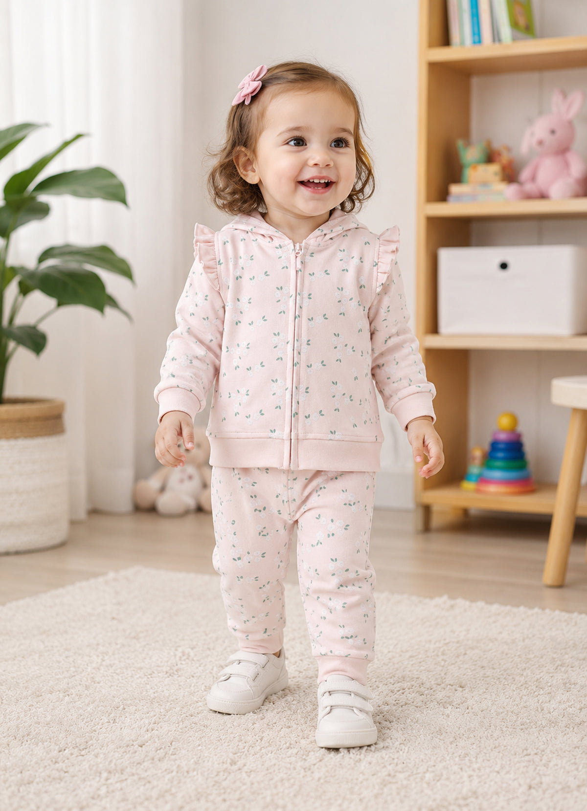 Bumzee Peach Floral Print Winter Set, Full Sleeves, 100% Cotton