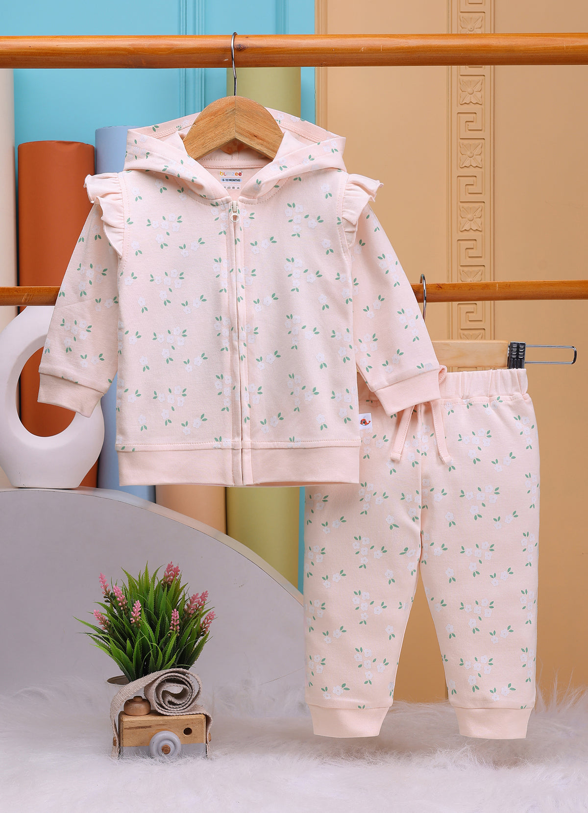 Bumzee Peach Floral Print Winter Set, Full Sleeves, 100% Cotton