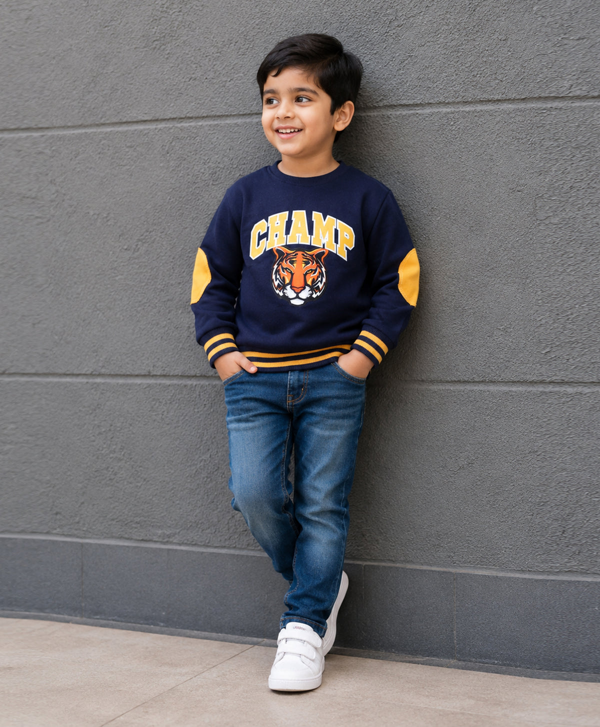 Bumzee Navy Animal Print Sweatshirt, Full Sleeves, Cotton Fleece