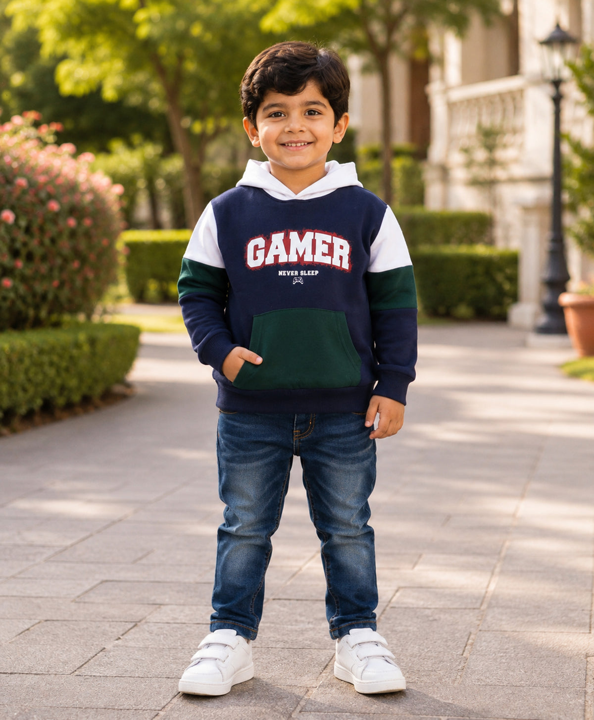 Bumzee Navy Graphic Print Sweatshirt, Full Sleeves, Cotton Fleece, Hooded