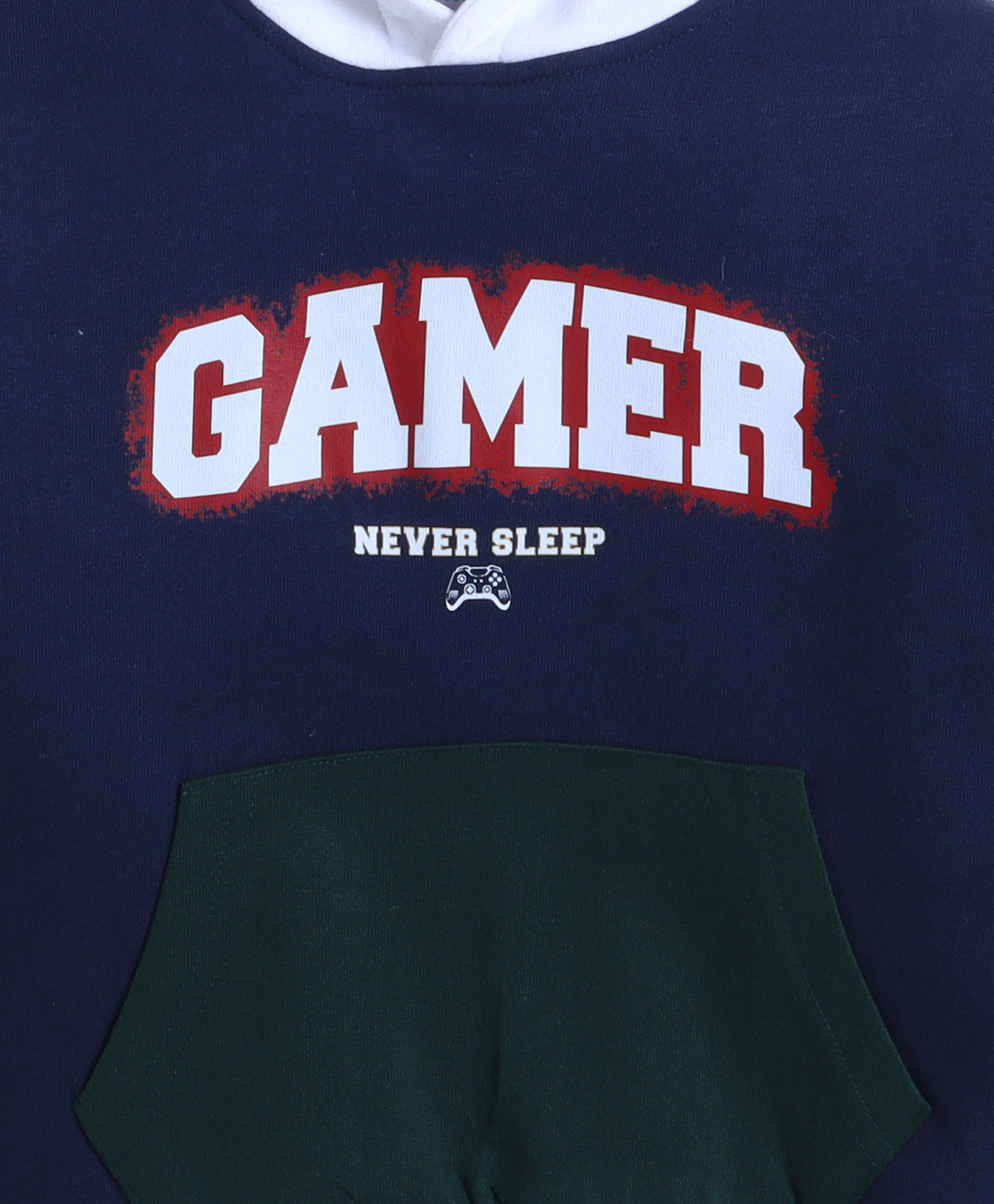 Bumzee Navy Graphic Print Sweatshirt, Full Sleeves, Cotton Fleece, Hooded
