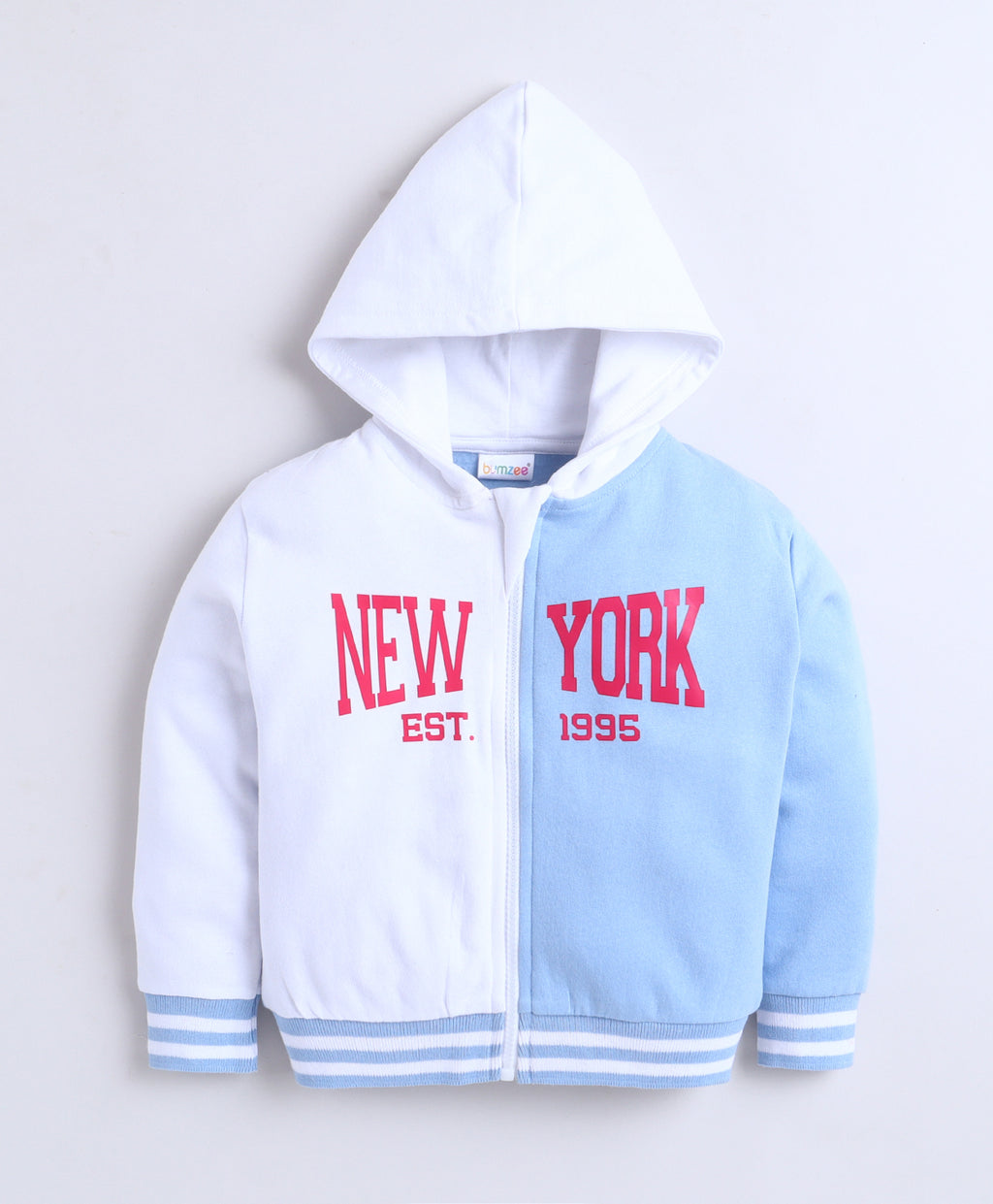 Bumzee Blue & White Cut & Sew Sweatshirt, Full Sleeves, Cotton Fleece