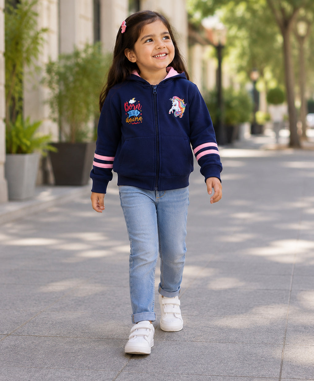 Bumzee Navy Animal Print Sweatshirt, Full Sleeves, Cotton Fleece, Hooded