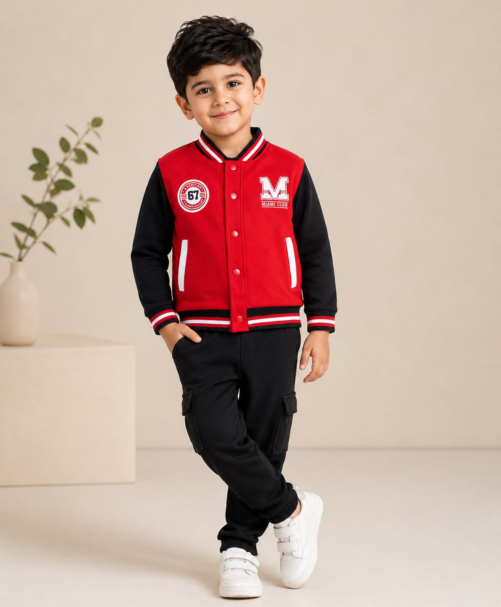 Red Cut & Sew Polo Collar Jacket, Full Sleeves, Cotton Fleece Blend