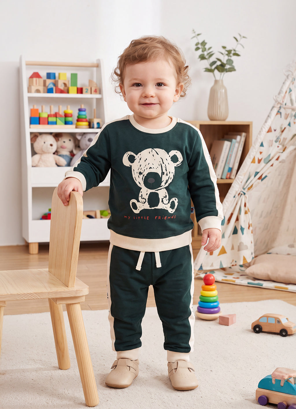 Green Animal Print T-Shirt & Pyjama Set, Full Sleeves, 100% Cotton