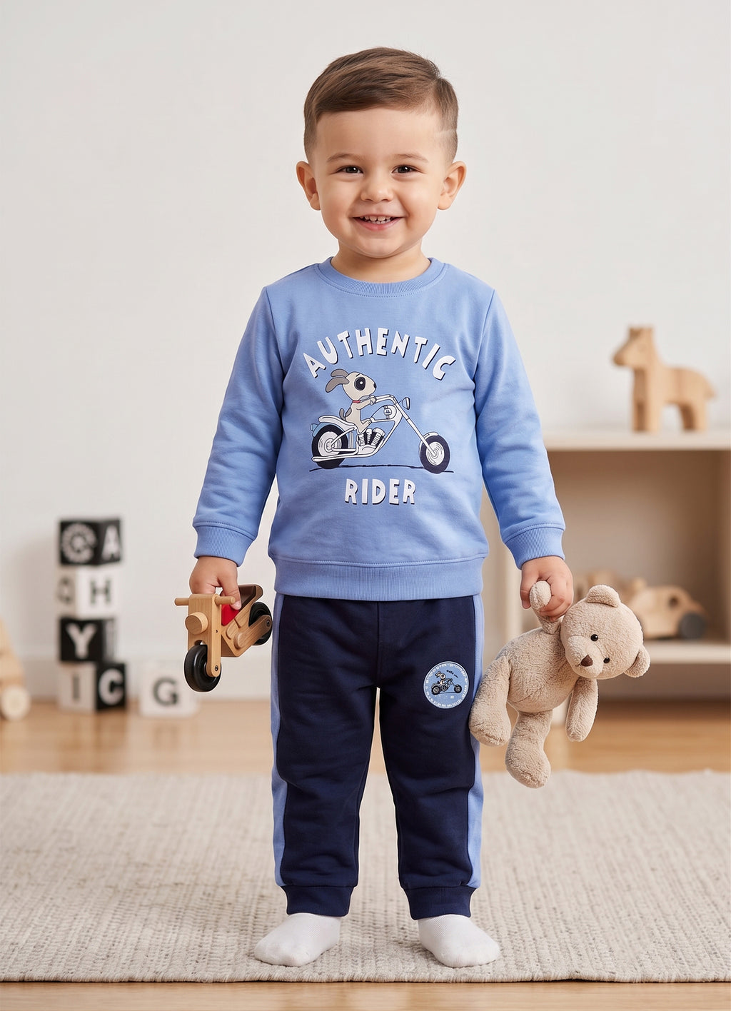 Blue & Navy Graphic Print T-Shirt & Pyjama Set, Full Sleeves, 100% Cotton