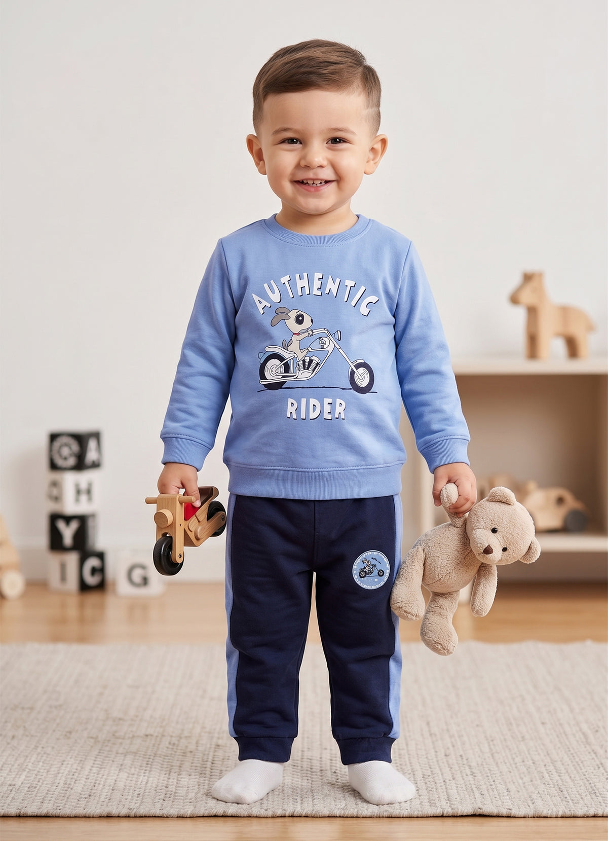 Blue & Navy Graphic Print T-Shirt & Pyjama Set, Full Sleeves, 100% Cotton