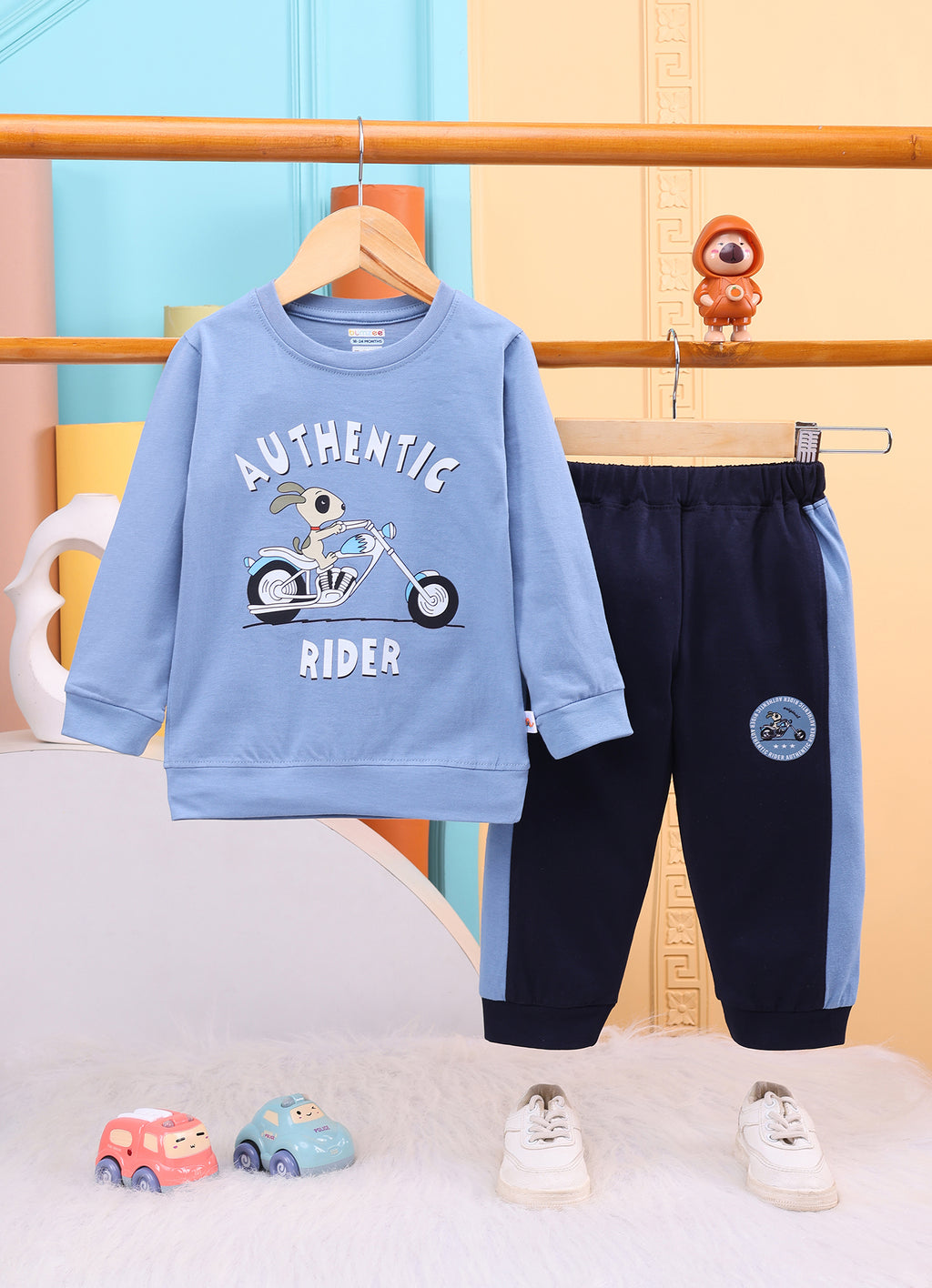 Blue & Navy Graphic Print T-Shirt & Pyjama Set, Full Sleeves, 100% Cotton