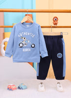 Blue & Navy Graphic Print T-Shirt & Pyjama Set, Full Sleeves, 100% Cotton