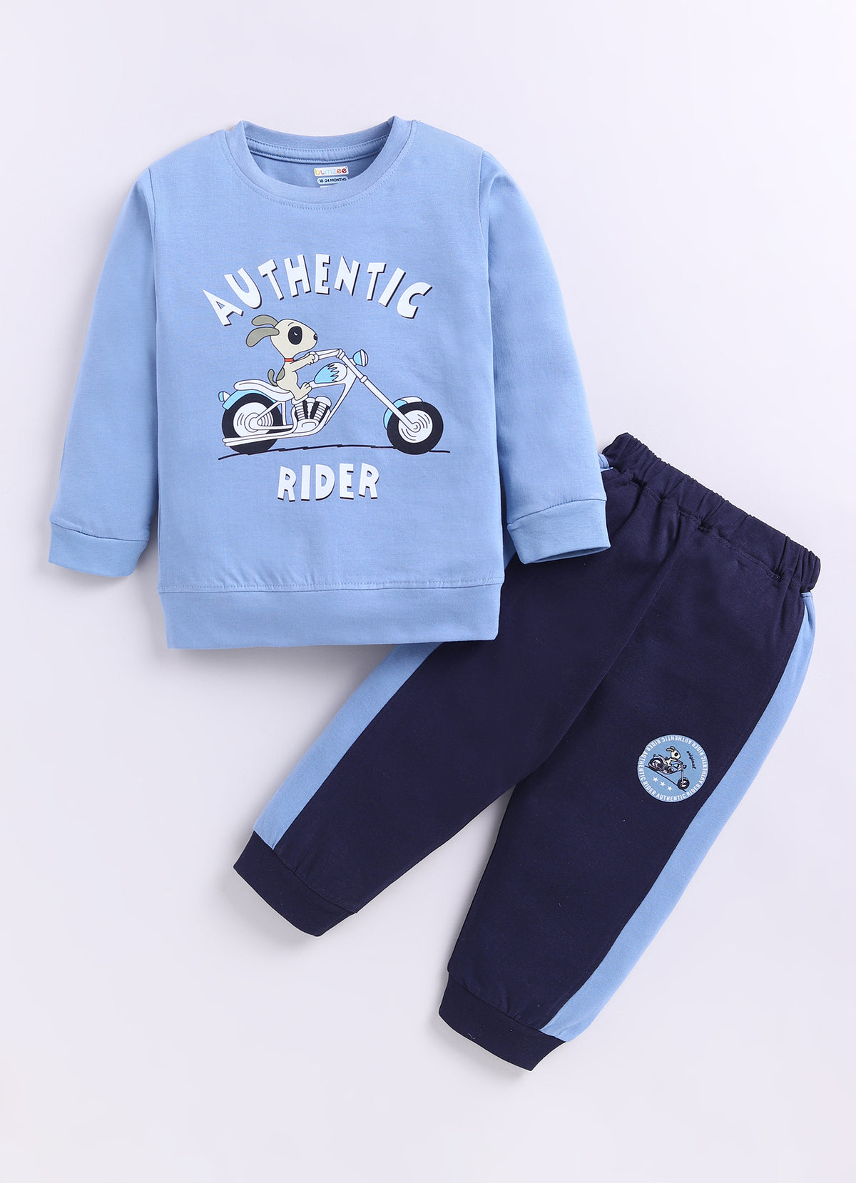 Blue & Navy Graphic Print T-Shirt & Pyjama Set, Full Sleeves, 100% Cotton