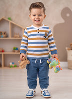 White & Blue Striped T-Shirt & Pyjama Set, Full Sleeves, 100% Cotton