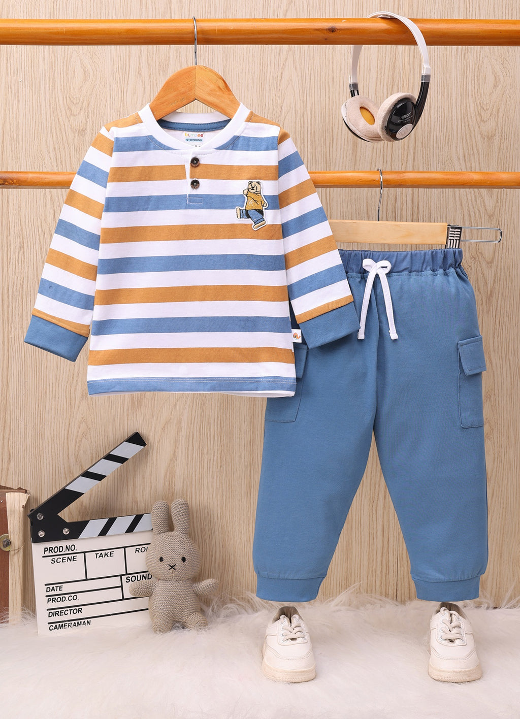 White & Blue Striped T-Shirt & Pyjama Set, Full Sleeves, 100% Cotton