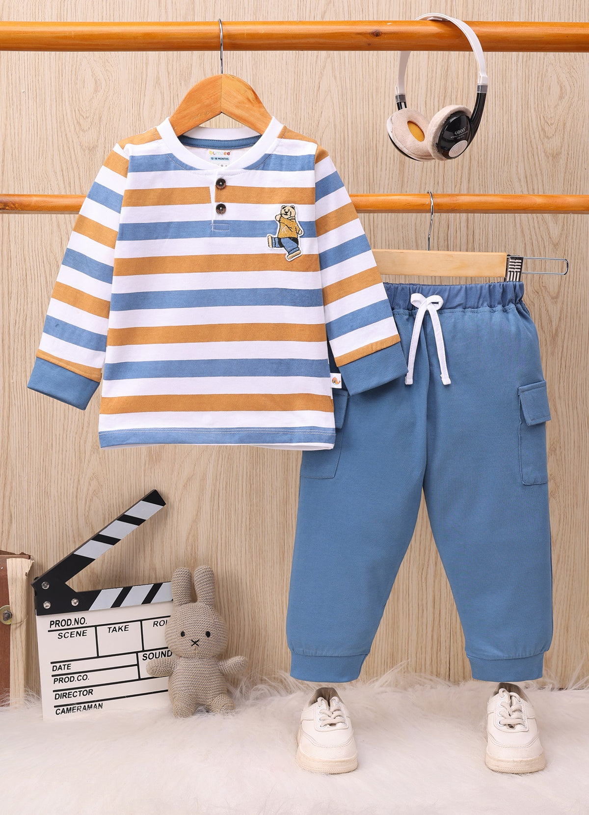White & Blue Striped T-Shirt & Pyjama Set, Full Sleeves, 100% Cotton