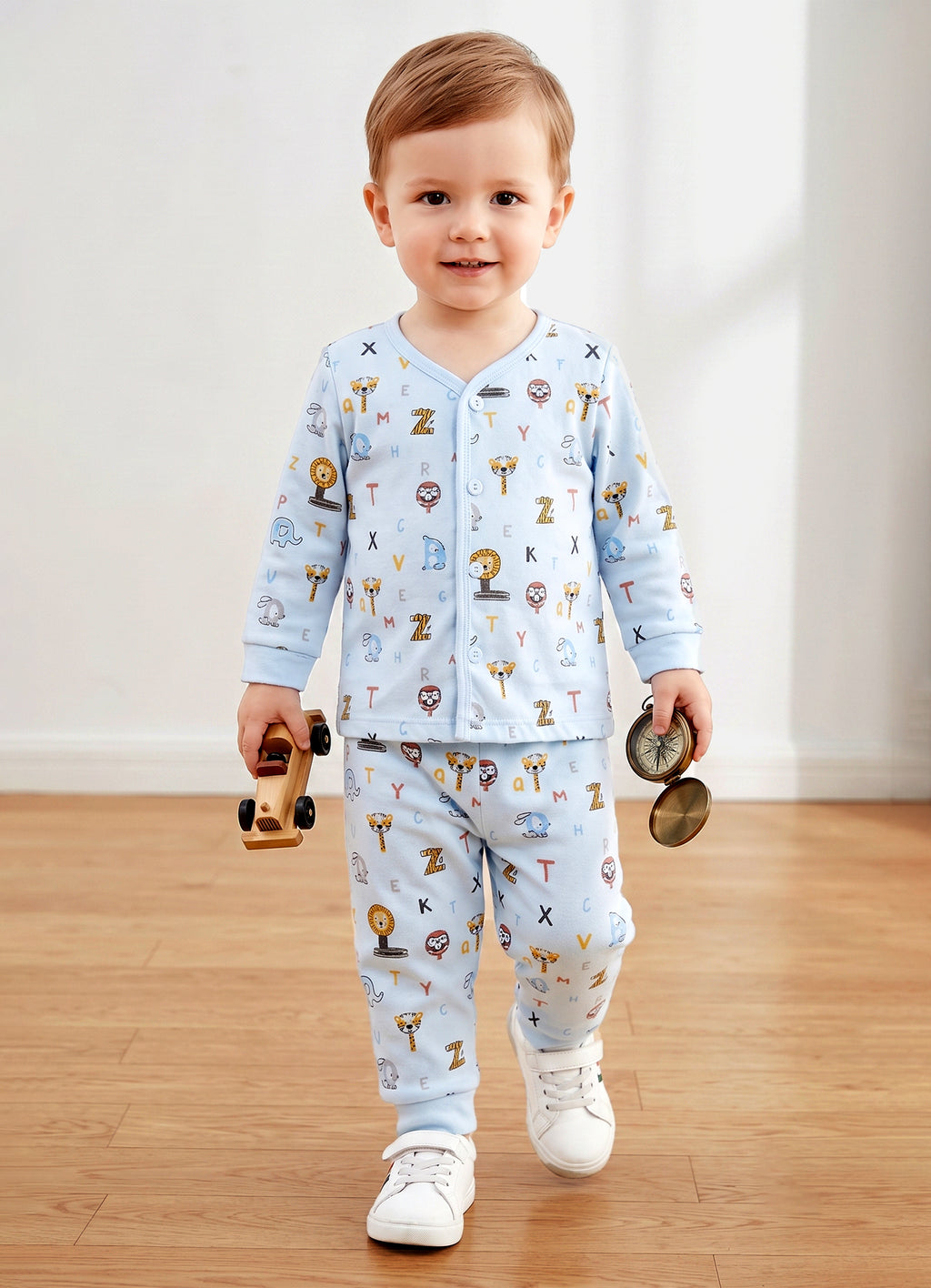 Sky Blue Animal Print Jabla & Pyjama Set, Full Sleeves, 100% Cotton