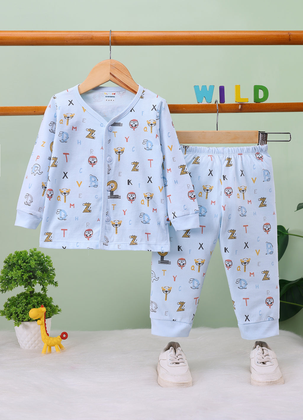 Sky Blue Animal Print Jabla & Pyjama Set, Full Sleeves, 100% Cotton