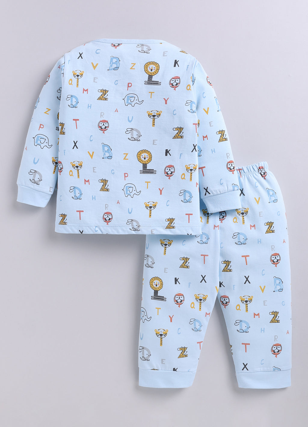 Sky Blue Animal Print Jabla & Pyjama Set, Full Sleeves, 100% Cotton