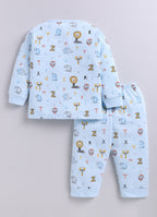 Sky Blue Animal Print Jabla & Pyjama Set, Full Sleeves, 100% Cotton