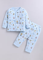 Sky Blue Animal Print Jabla & Pyjama Set, Full Sleeves, 100% Cotton