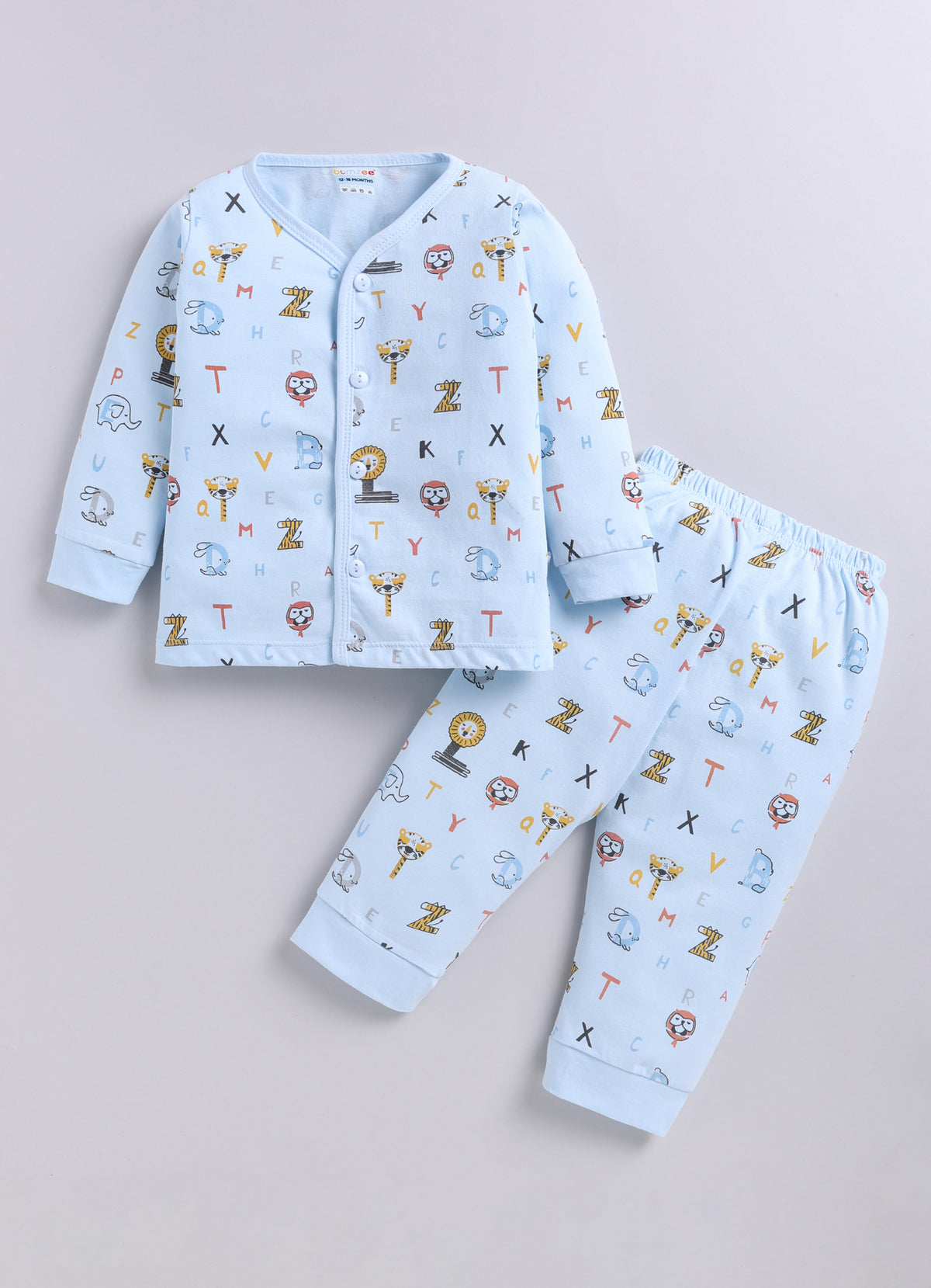 Sky Blue Animal Print Jabla & Pyjama Set, Full Sleeves, 100% Cotton