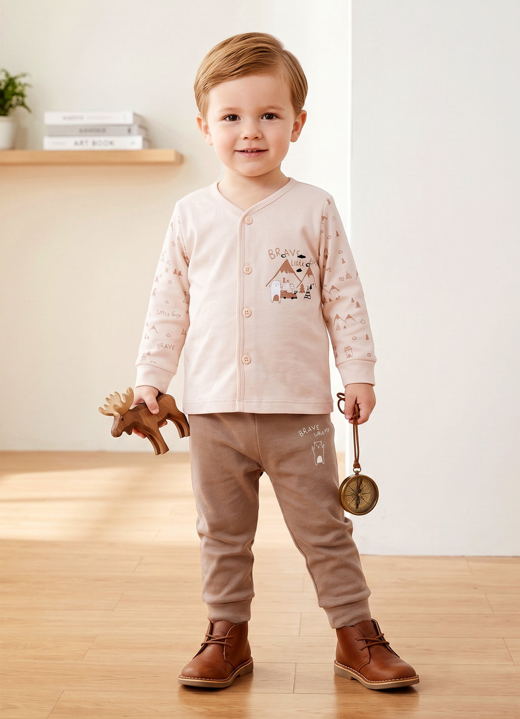 Peach & Brown Graphic Print Jabla & Pyjama Set, Full Sleeves, 100% Cotton