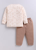 Peach & Brown Graphic Print Jabla & Pyjama Set, Full Sleeves, 100% Cotton
