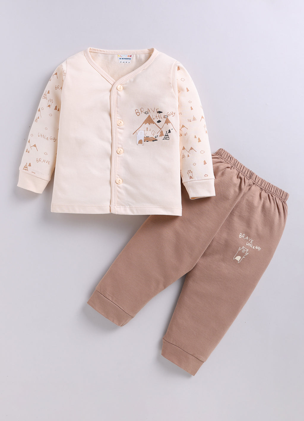 Peach & Brown Graphic Print Jabla & Pyjama Set, Full Sleeves, 100% Cotton