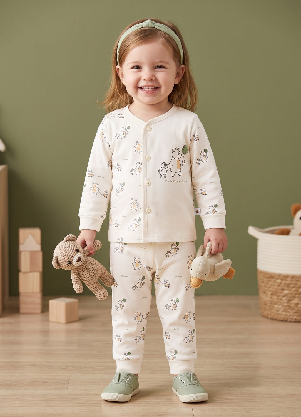 Cream Animal Print Jabla & Pyjama Set, Full Sleeves, 100% Cotton
