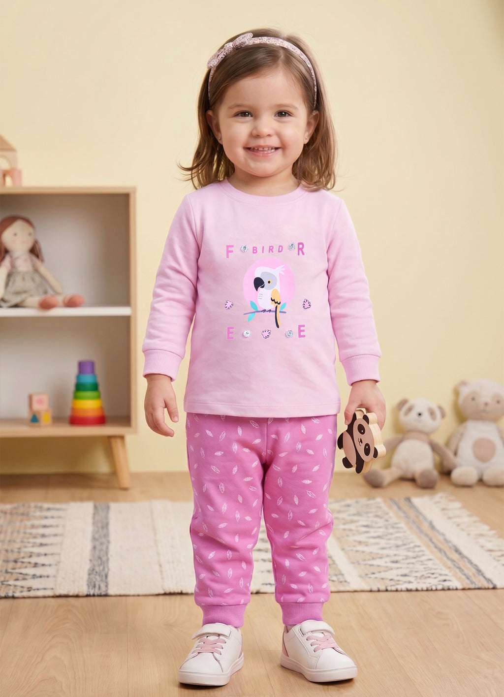 Baby Pink & Pink Graphic Print T-Shirt & Pyjama Set, Full Sleeves, 100% Cotton