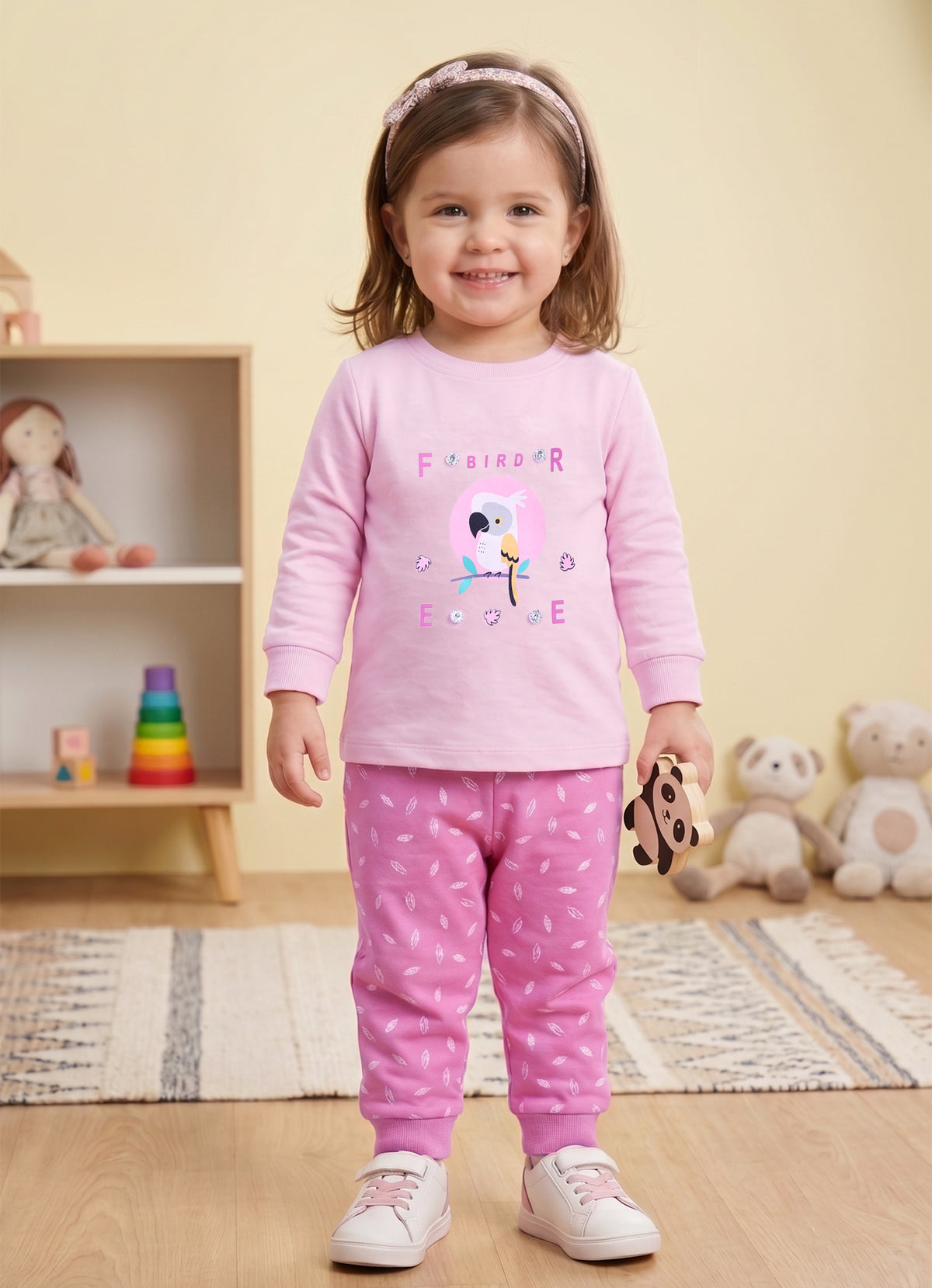 Baby Pink & Pink Graphic Print T-Shirt & Pyjama Set, Full Sleeves, 100% Cotton