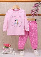 Baby Pink & Pink Graphic Print T-Shirt & Pyjama Set, Full Sleeves, 100% Cotton