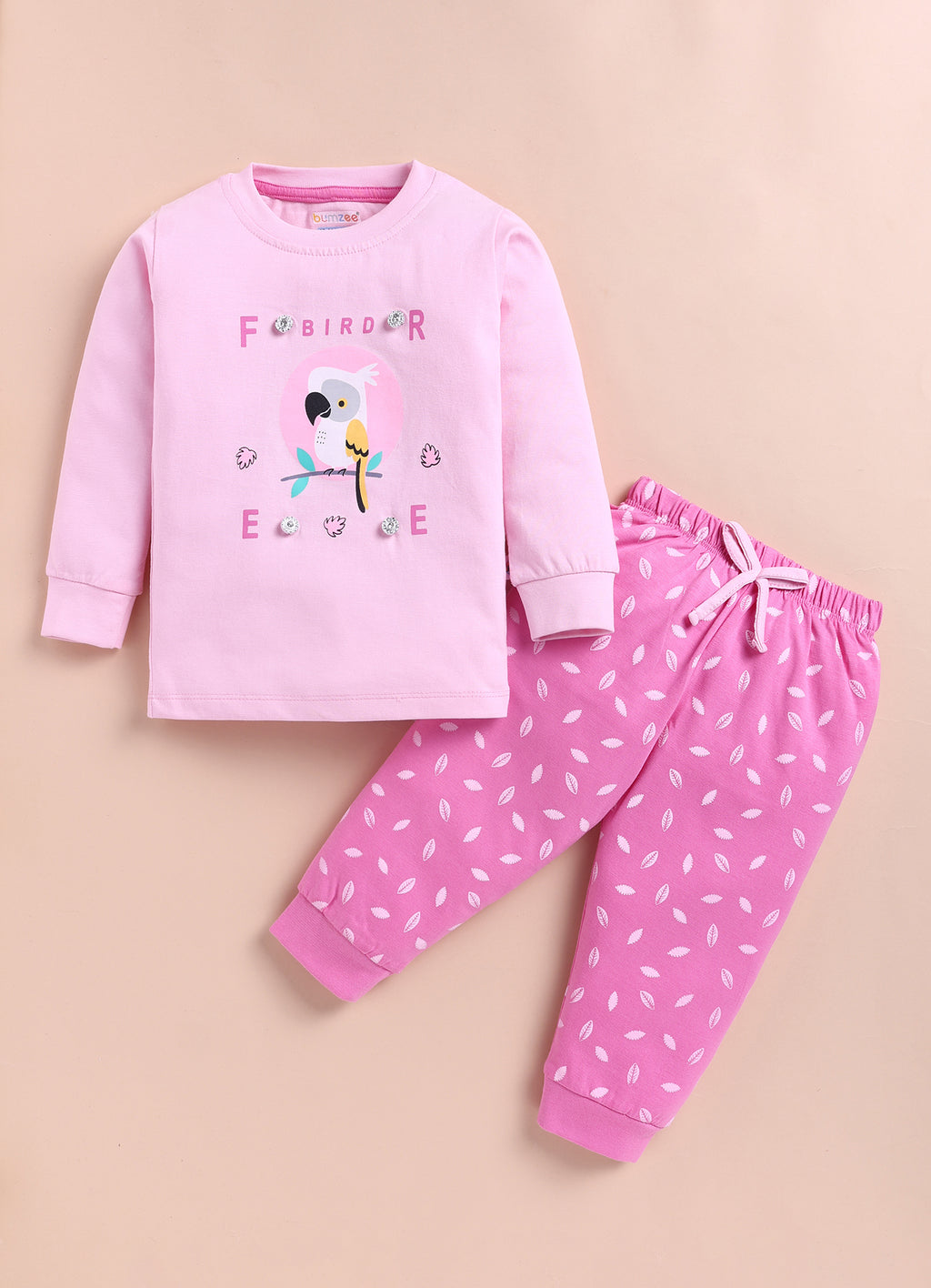 Baby Pink & Pink Graphic Print T-Shirt & Pyjama Set, Full Sleeves, 100% Cotton
