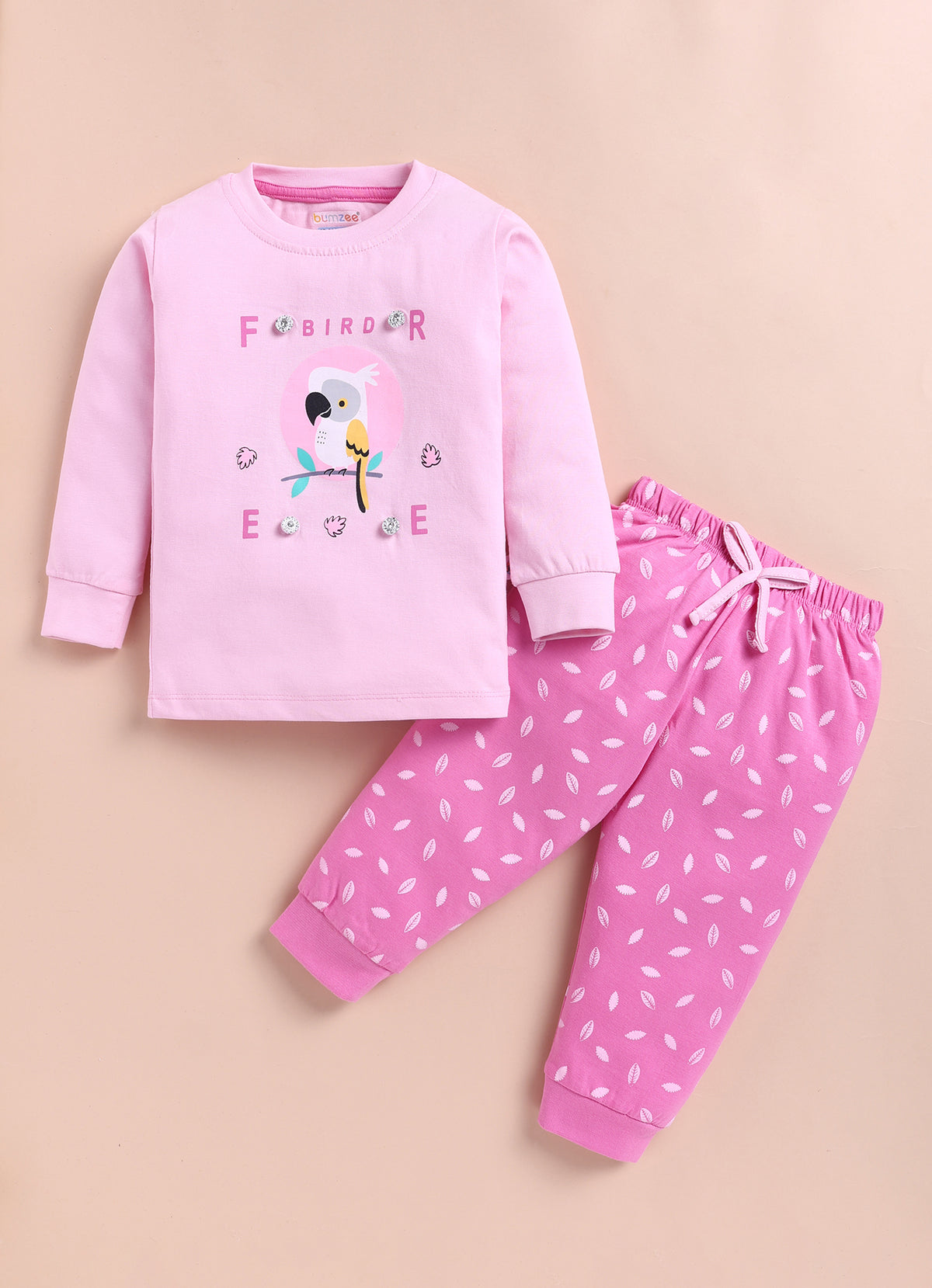 Baby Pink & Pink Graphic Print T-Shirt & Pyjama Set, Full Sleeves, 100% Cotton