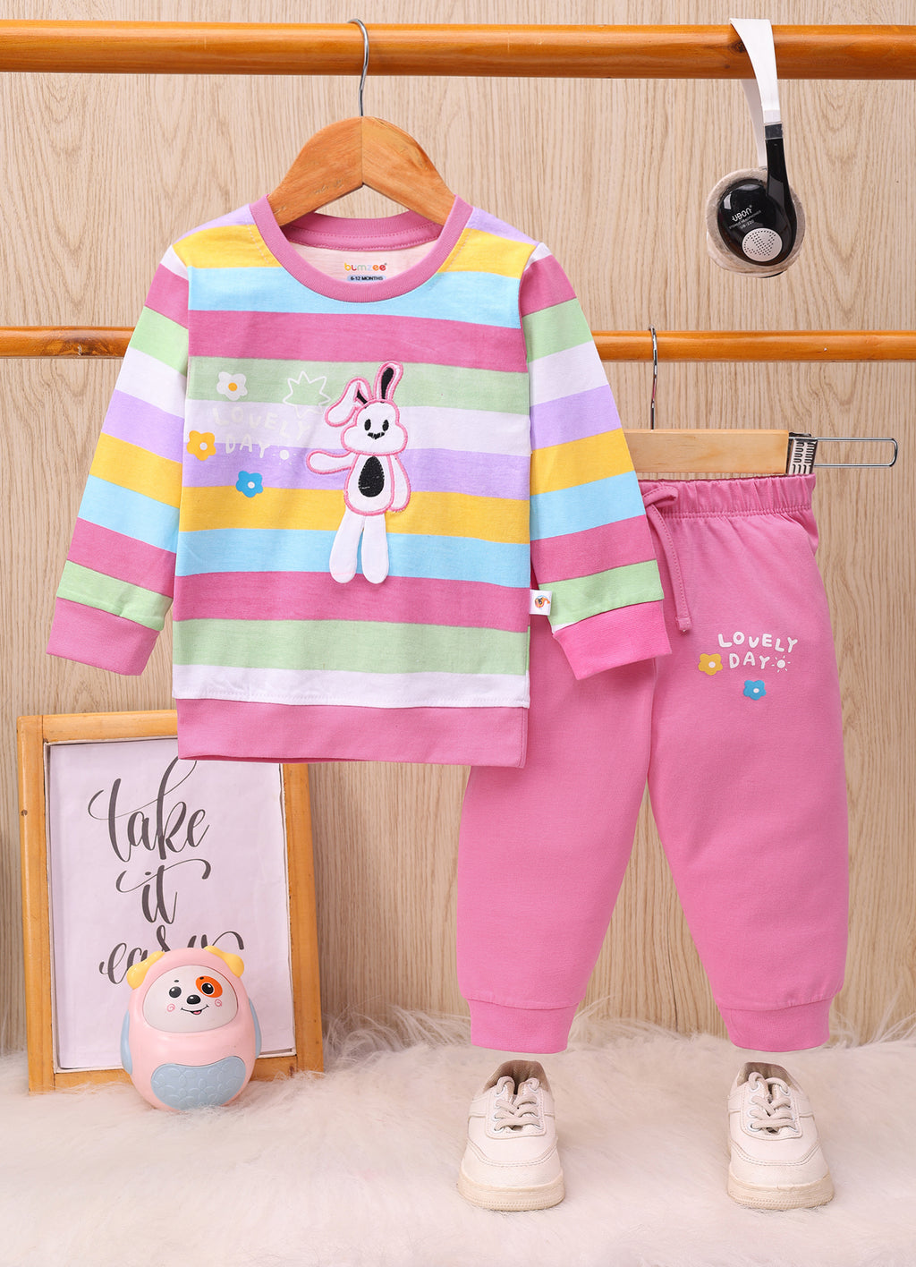 Multi & Pink Striped T-Shirt & Pyjama Set, Full Sleeves, 100% Cotton