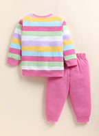 Multi & Pink Striped T-Shirt & Pyjama Set, Full Sleeves, 100% Cotton