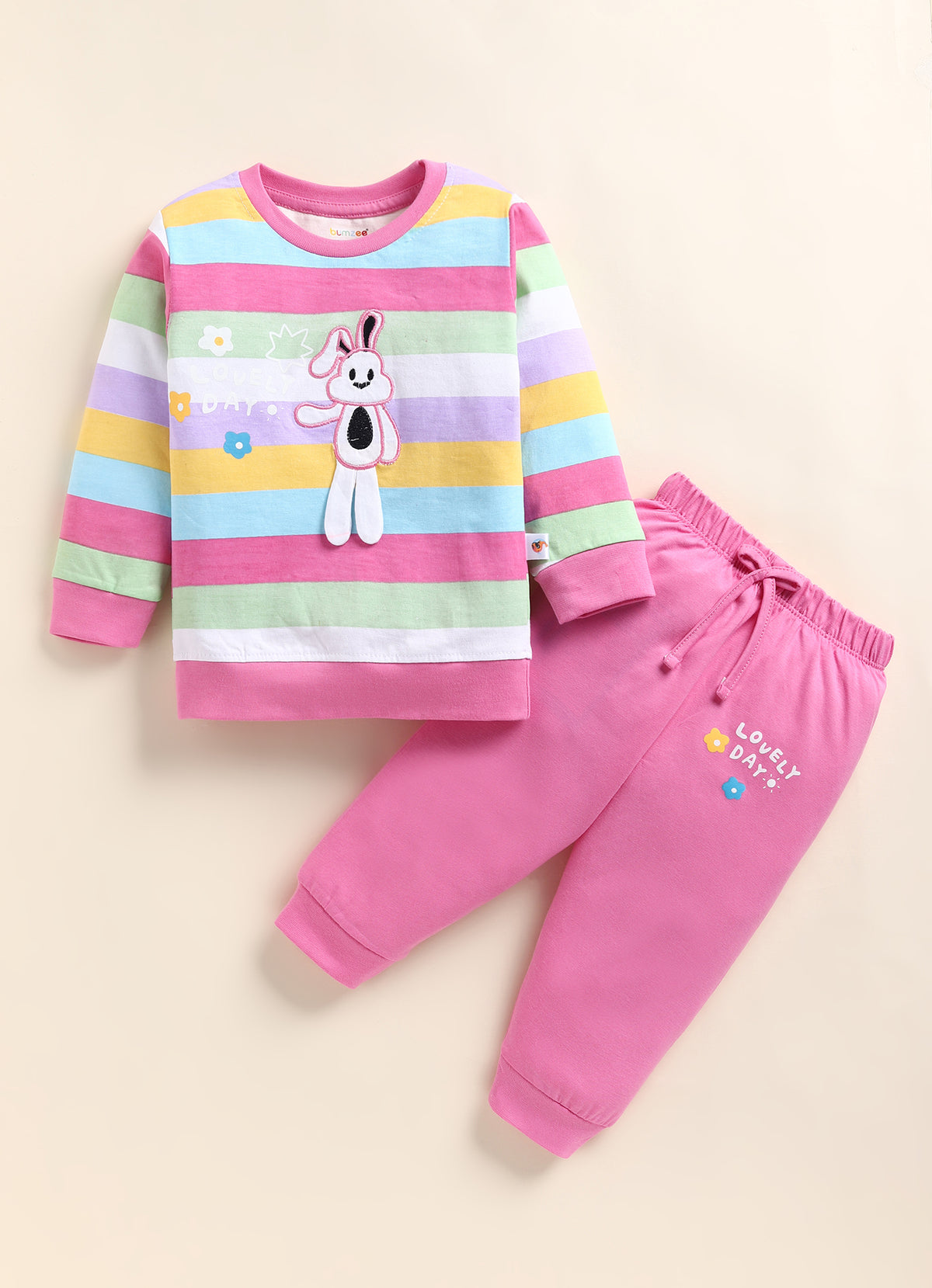 Multi & Pink Striped T-Shirt & Pyjama Set, Full Sleeves, 100% Cotton