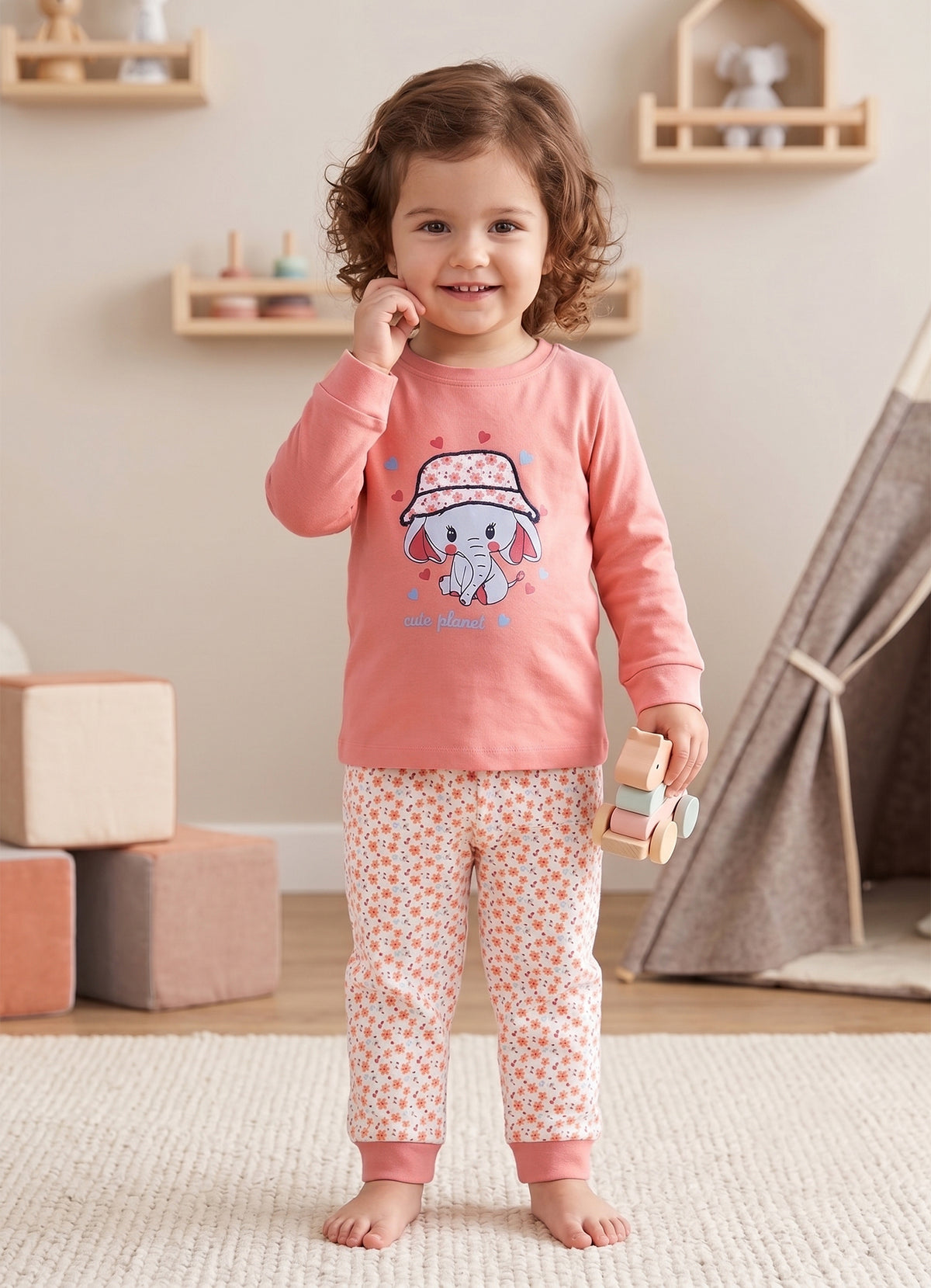 Peach & White Animal Print T-Shirt & Pyjama Set, Full Sleeves, 100% Cotton
