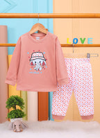 Peach & White Animal Print T-Shirt & Pyjama Set, Full Sleeves, 100% Cotton