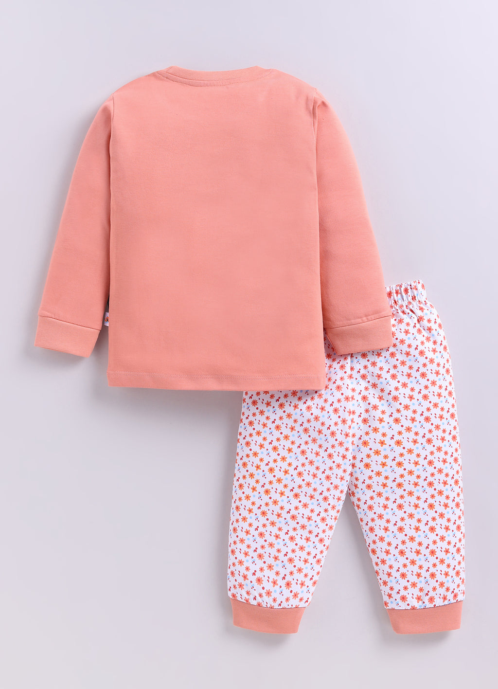 Peach & White Animal Print T-Shirt & Pyjama Set, Full Sleeves, 100% Cotton