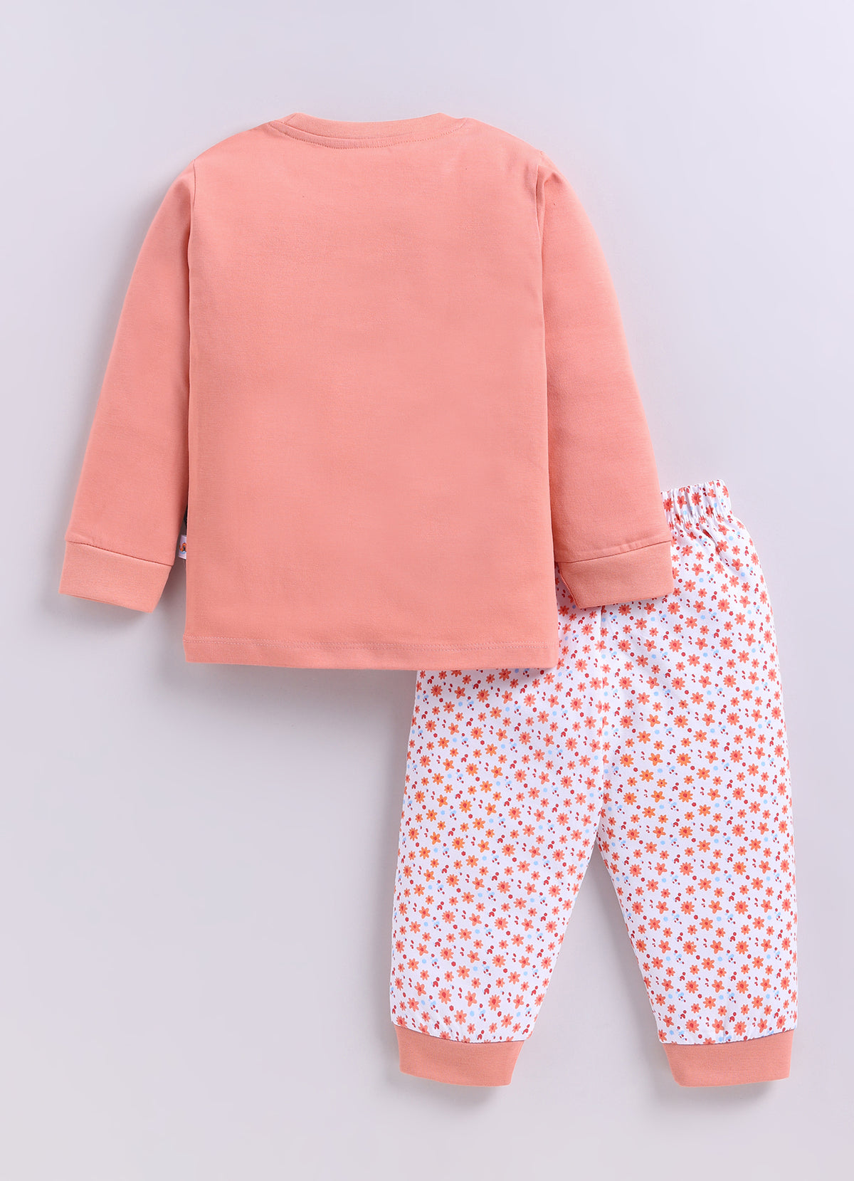 Peach & White Animal Print T-Shirt & Pyjama Set, Full Sleeves, 100% Cotton