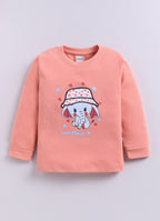 Peach & White Animal Print T-Shirt & Pyjama Set, Full Sleeves, 100% Cotton