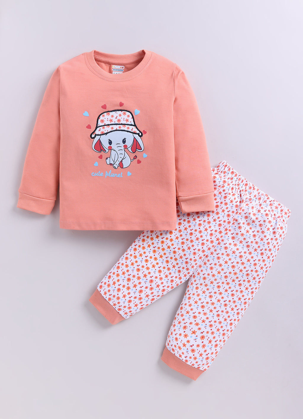 Peach & White Animal Print T-Shirt & Pyjama Set, Full Sleeves, 100% Cotton