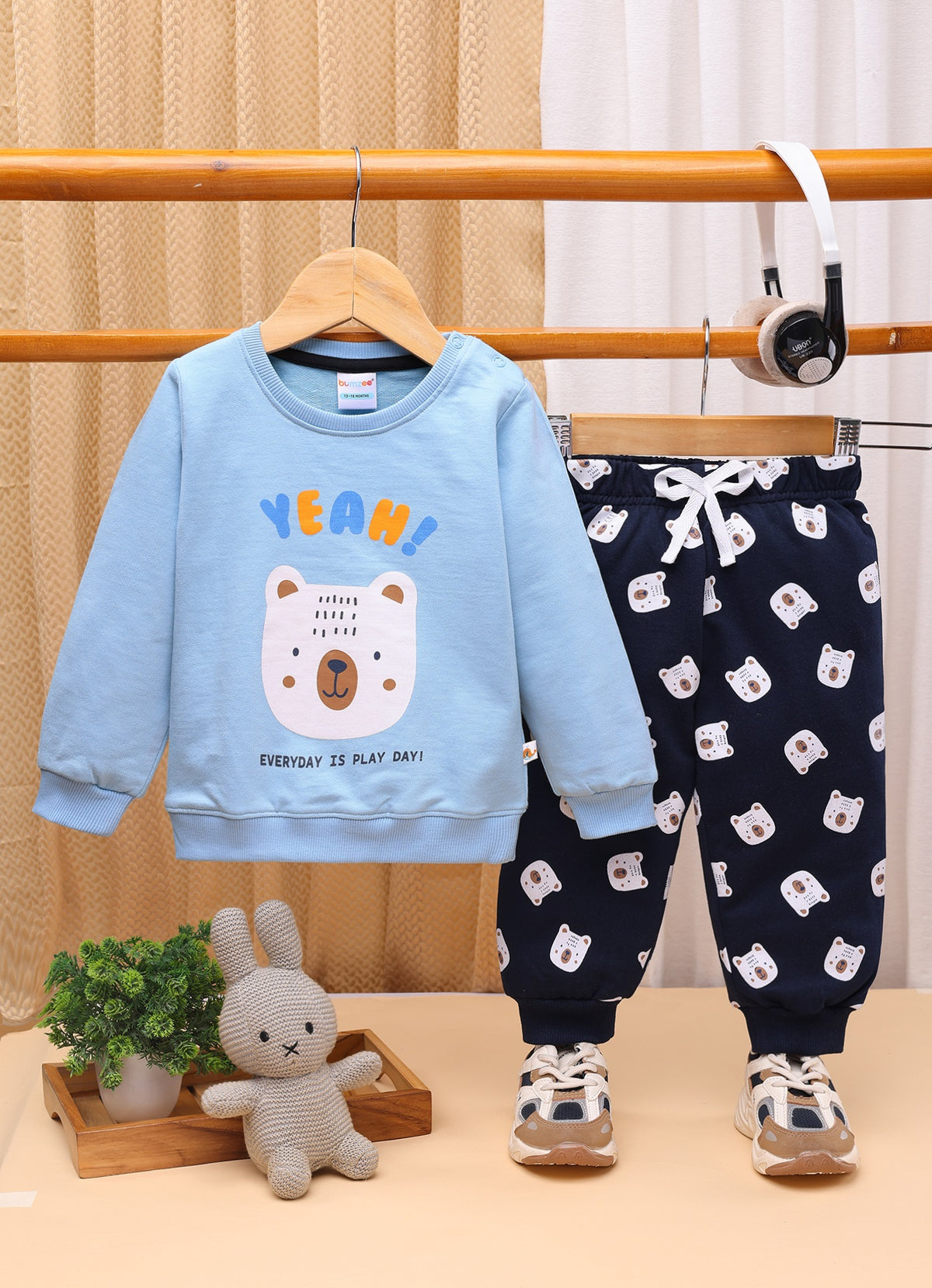 Sky Blue & Navy Animal Print Sweatshirt & Jogger Set, 100% Cotton