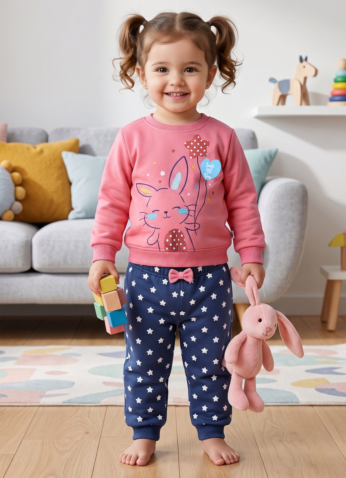 Coral & Navy Animal Print Sweatshirt & Jogger Set, Full Sleeves, 100% Cotton