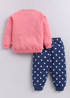 Coral & Navy Animal Print Sweatshirt & Jogger Set, Full Sleeves, 100% Cotton